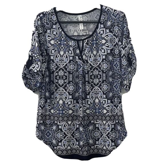 PerSeption Womens Blue Floral Print Tunic Top Blouse Size Medium Roll Tab Sleeve - Picture 1 of 10